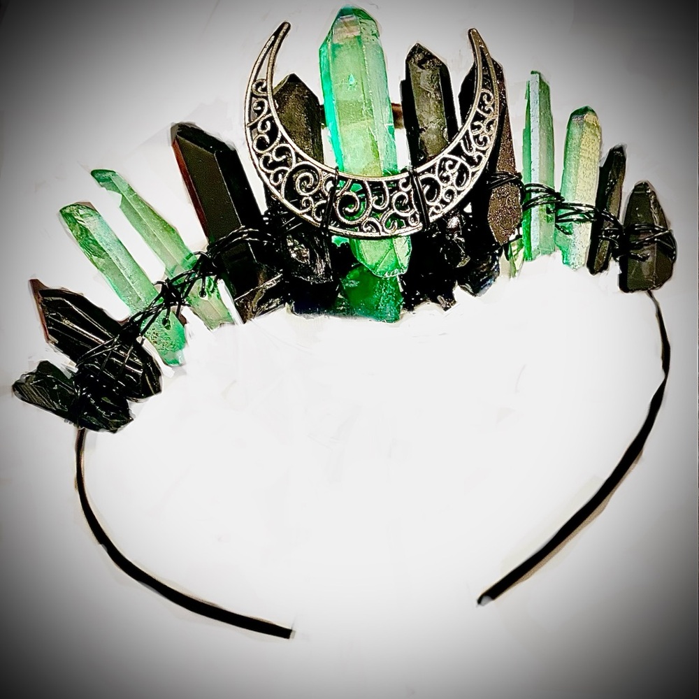 Green/Black Crystal Tiara Headband with Metal Moonstone Centerpiece